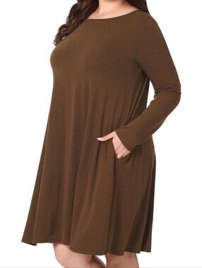 Zenana Premium Brown Long Sleeve Jersey V-Neck Swing Dress 3X